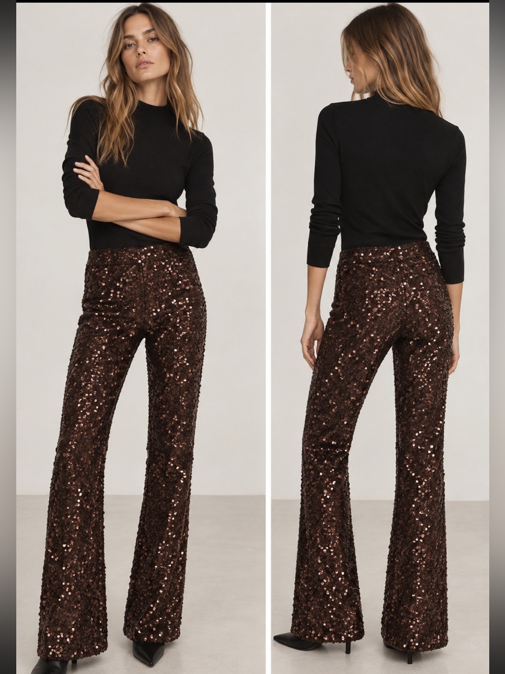 Zara NWT Brown Sequin Flare Pants 9860/500
